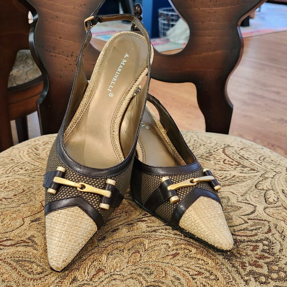 A. MARINELLI Brown Slingback 3-inch heels w/Tan Woven Gold Tone Accent